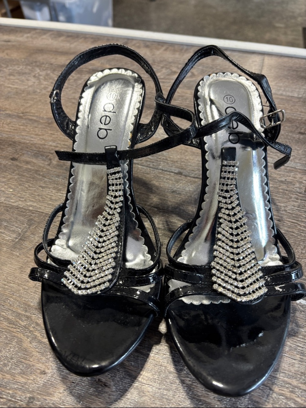 Deb Black Patent T-Strap Rhinestone Evening Sandals